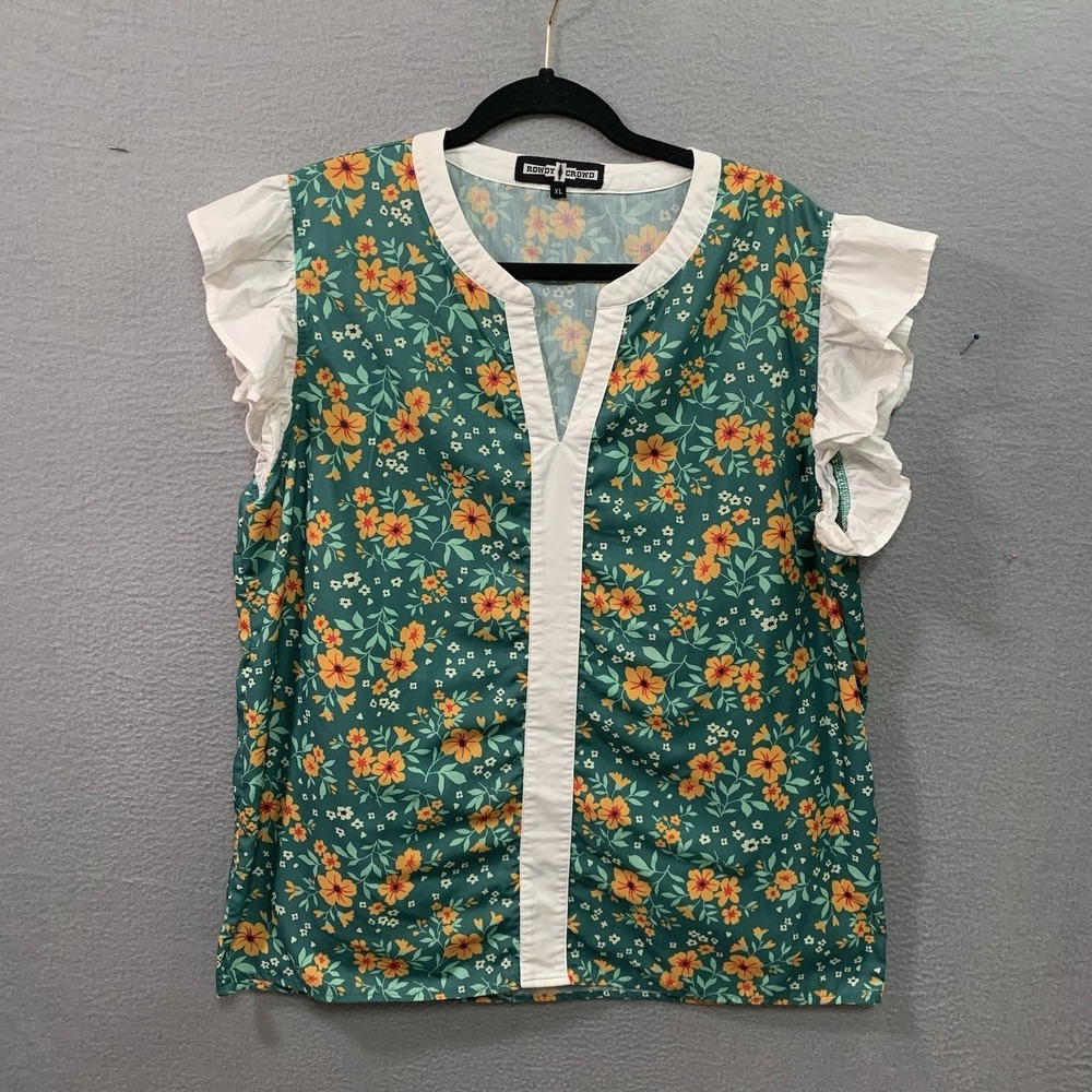 Rowdy Crowd Women's Club Teal Yellow Floral Top Blouse Boho Ruffle Sleeves